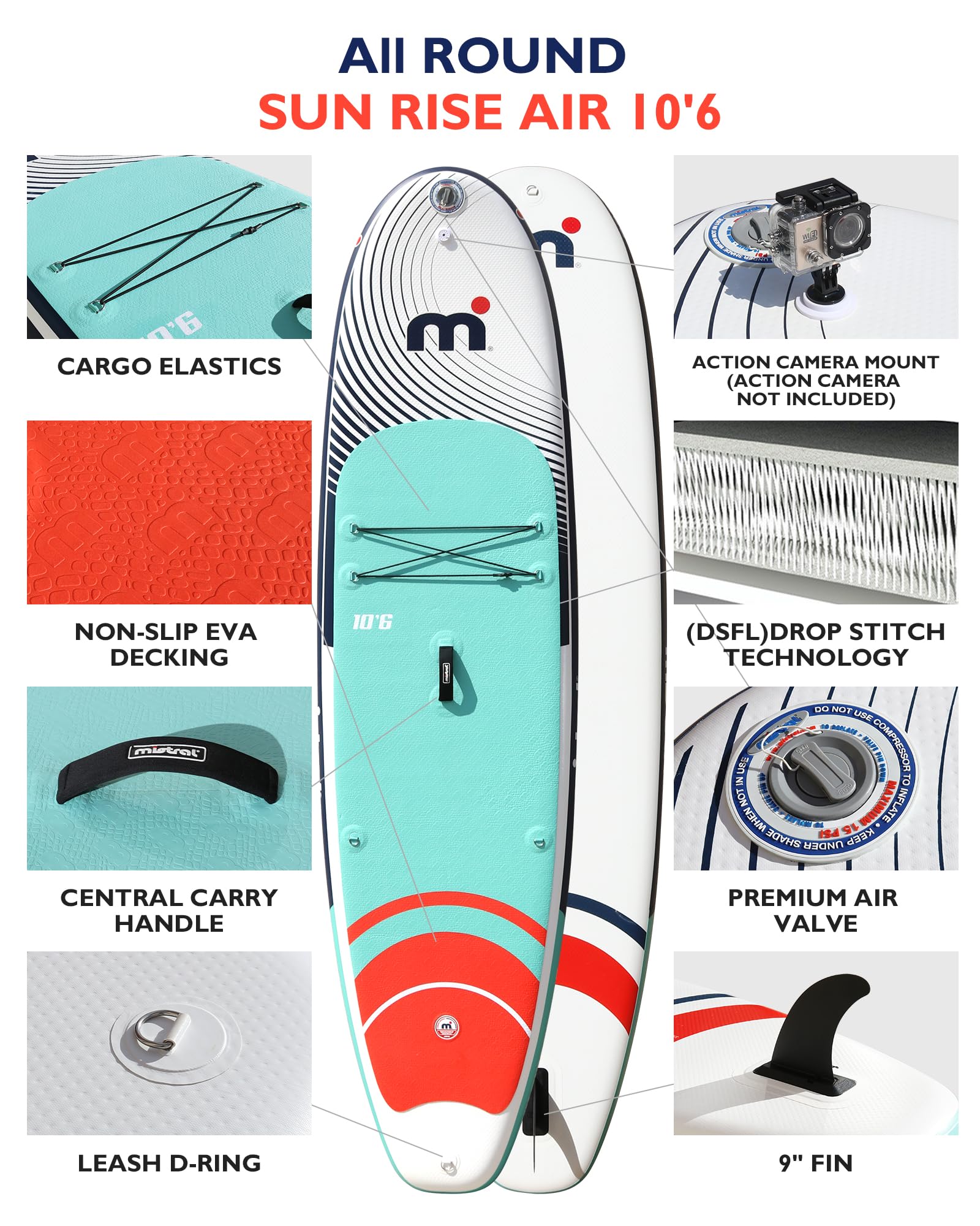Mistral Inflatable Stand Up Paddle Board, 10'6''x32''x6'' Stable and Lightweight Paddleboard, with Carry Bag, Dual Action Pump, Paddle, Leash, Anti-Slip EVA Deck for Adults & Youth - Image 4