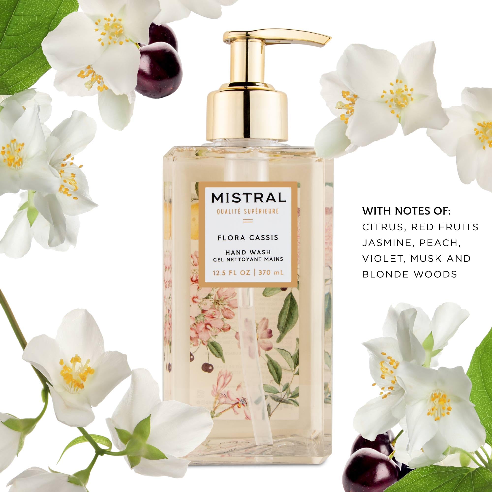 Mistral Luxe Hand Wash - Flora Cassis, 12.5 fl oz | Organic Aloe & Chamomile | Moisturizing Liquid Hand Soap with Sweet Almond Oil | Modern Floral Scent Handsoap, Skin-Friendly, Ideal for Everyday Use - Image 3